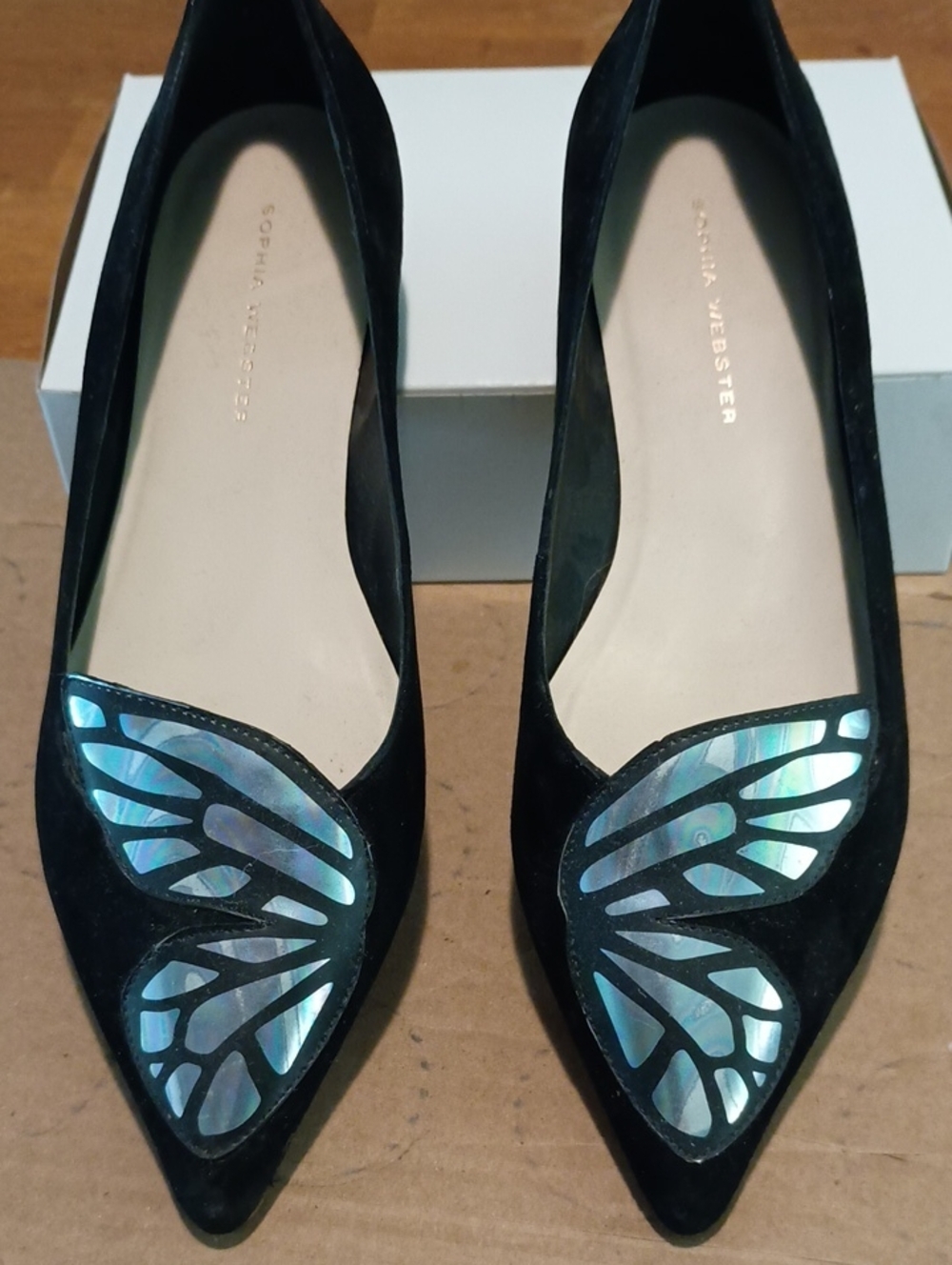 Sophia Webster Black Suede Pointed Flats with Iridescent Butterfly Inlay